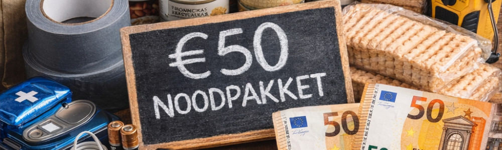 Overzicht van een goedkoop noodpakket van ongeveer 50 euro met water, conserven, zaklamp en basisbenodigdheden
