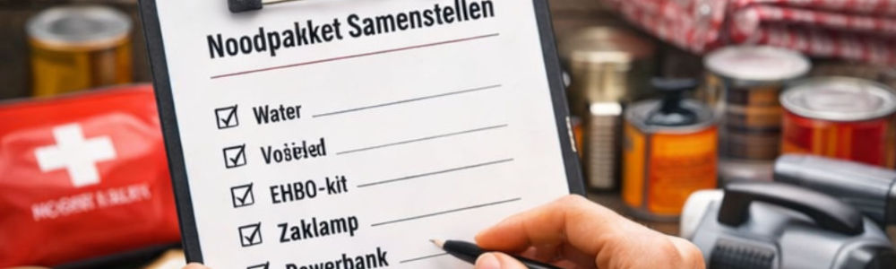 Essentiële onderdelen van een noodpakket overzichtelijk bij elkaar