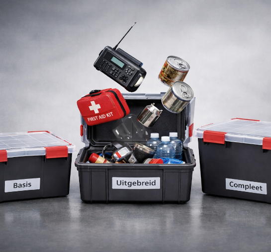 Drie noodpakket boxen: Basis, Uitgebreid en Compleet. De middelste box is open en items vallen erin.
