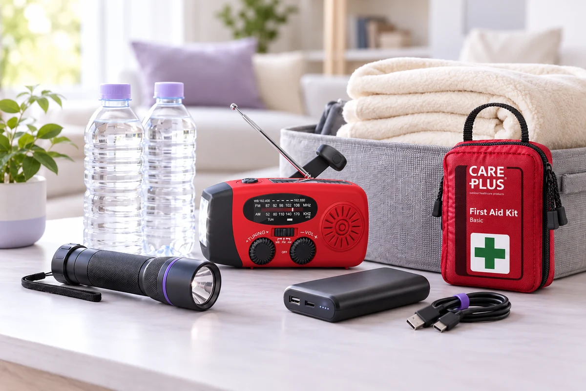 Noodpakketspullen thuis met rode noodradio, Care Plus EHBO-set, powerbank, zaklamp, water en een deken