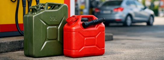 Jerrycans en auto bij tankstation