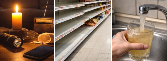Donkere woonkamer met zaklamp en basisbenodigdheden op tafel